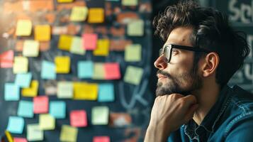 AI generated Man looking at a wall covered in colorful sticky notes photo