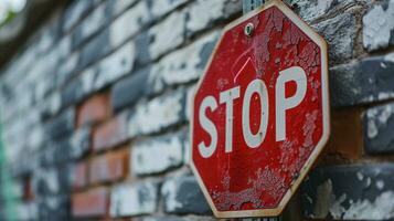 AI generated Peeling red stop sign on a brick wall background photo