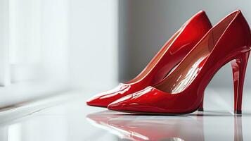 AI generated Glossy red high-heeled shoes on a reflective surface photo