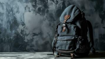 AI generated A classic black backpack with leather accents on a textured background photo