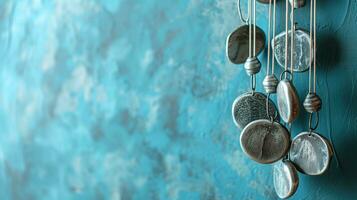 AI generated Artistic silver wind chimes hanging against a textured blue background photo