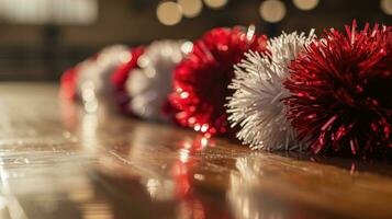 AI generated Red and white cheerleading pom-poms on a wooden gym floor photo