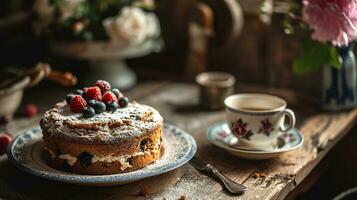 AI generated Berry cake on vintage plate with tea on rustic wooden table photo