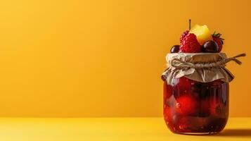 AI generated A jar of preserved fruits with a rustic decoration on a yellow backdrop photo
