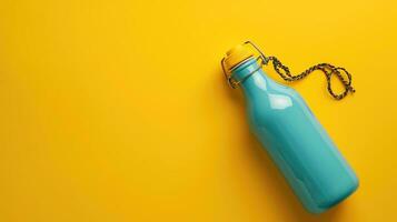 ai generado un azul agua botella con un amarillo gorra y cuerda en un amarillo antecedentes foto