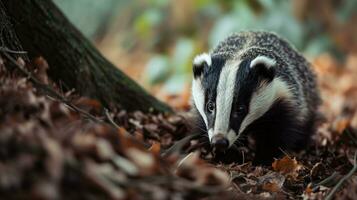 AI generated A badger foraging in autumn leaves photo