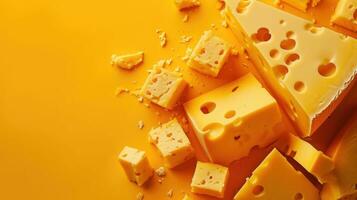 ai generado suizo queso bloques y piezas en un vibrante amarillo antecedentes foto