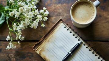 AI generated Open notebook with coffee and white flowers on a wooden table photo