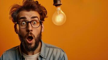 AI generated Surprised man with light bulb, background with copy space photo