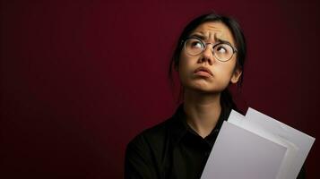 AI generated A perplexed woman with papers against a red background photo