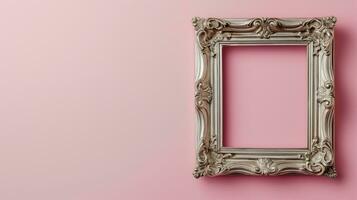 AI generated An ornate silver picture frame against a soft pink backdrop photo