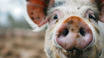 AI generated Close-up of a pig's snout with sunlight flare photo