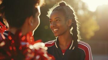 AI generated Teen girl smiling at friend in sunlit setting photo