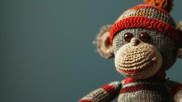 AI generated Knitted monkey toy wearing a hat and scarf photo