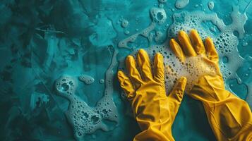 AI generated Yellow rubber gloves on a blue textured surface with soap suds photo