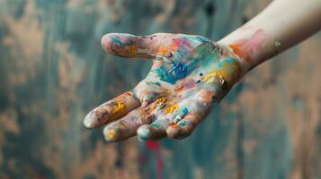 AI generated Paint-covered hand with colorful strokes, creativity concept photo