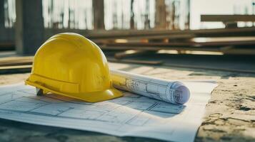 ai generado amarillo la seguridad casco en arquitectónico planos a un construcción sitio foto