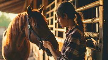 AI generated Young woman tenderly holds a horse's bridle in a stable photo