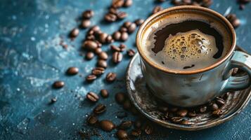 AI generated Cup of coffee with beans on a blue textured background, exuding aroma and warmth photo