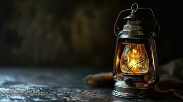 AI generated Glowing vintage lantern with a warm light on a dark background photo