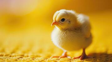 AI generated A fluffy chick standing on a textured yellow surface, looking curious photo