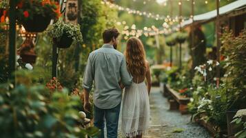 AI generated Couple walking arm-in-arm in a lush garden with string lights photo