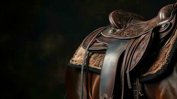 AI generated Ornate leather saddle on a horse with intricate tooling photo