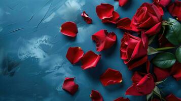 AI generated Red rose petals scattered on a blue painted background photo