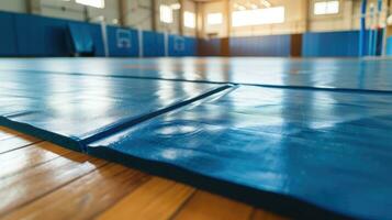 ai generado azul tatami esteras en el piso de un Deportes gimnasio foto