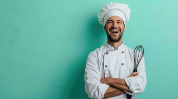 AI generated A joyful chef with a whisk, background with copy space photo