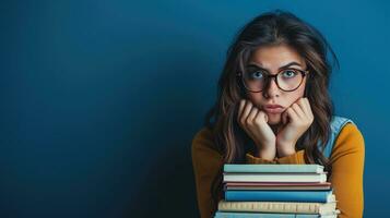 AI generated Worried young woman with glasses on a stack of books photo