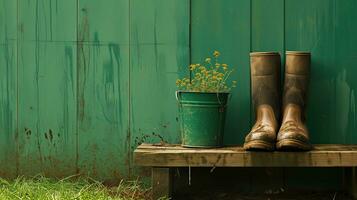 AI generated Muddy boots and a bucket with flowers against a green wall photo