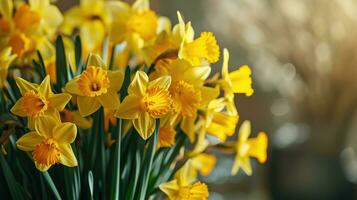 AI generated Bright yellow daffodils in bloom, with soft-focus background photo