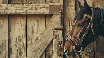 ai generado caballo echar un vistazo mediante un rústico de madera granero puerta foto