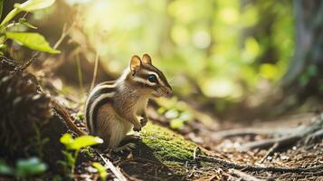 AI generated A chipmunk sitting on a forest path in sunlight photo