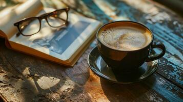 ai generado café con libro y anteojos, sugestivo de un relajado leyendo hora foto