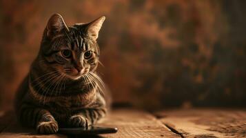 AI generated A tabby cat using a smartphone on a rustic wooden table photo