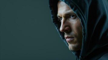 AI generated A man with intense eyes wearing a hoodie in a moody, dark setting photo