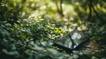 AI generated Smartphone with water droplets on leafy background photo