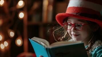 AI generated Young girl in a striped hat reading a book with joy photo