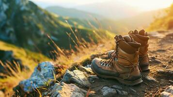 ai generado excursionismo botas en un rocoso montaña sendero durante dorado hora foto