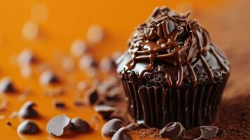 AI generated Chocolate cupcake with dripping sauce and chocolate chips on orange background photo