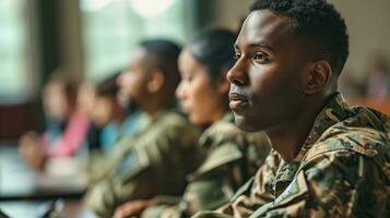 AI generated A focused young soldier in uniform during a briefing photo