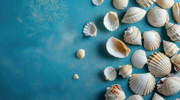 AI generated Assorted seashells on a vibrant blue background photo