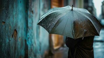 AI generated Person with umbrella on rainy city street photo