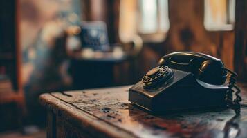 AI generated Vintage rotary telephone on a dusty wooden table photo