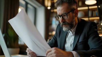 AI generated Focused businessman reviewing documents with eyeglasses photo