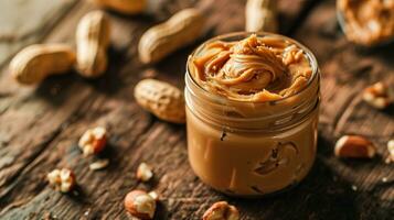 AI generated Creamy peanut butter in a glass jar surrounded by peanuts photo