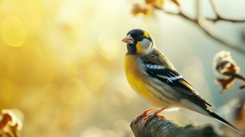 AI generated A cheerful finch perched on a branch with a bright, blurred background photo