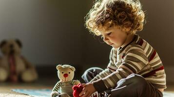 AI generated Child playing with a bear on the floor with soft lighting photo